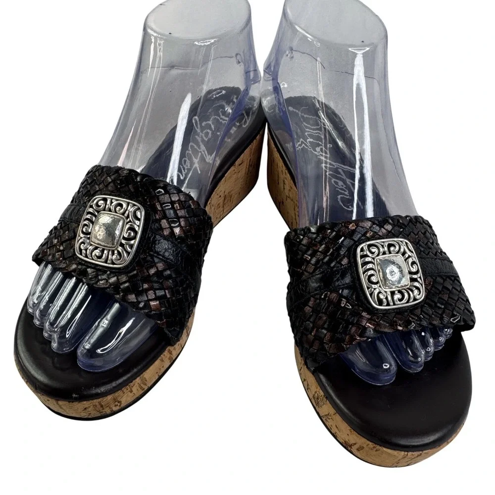 Brighton Hamlet Woven Leather Cork Wedge Sandal Black Bronze Silver Medallion 7M